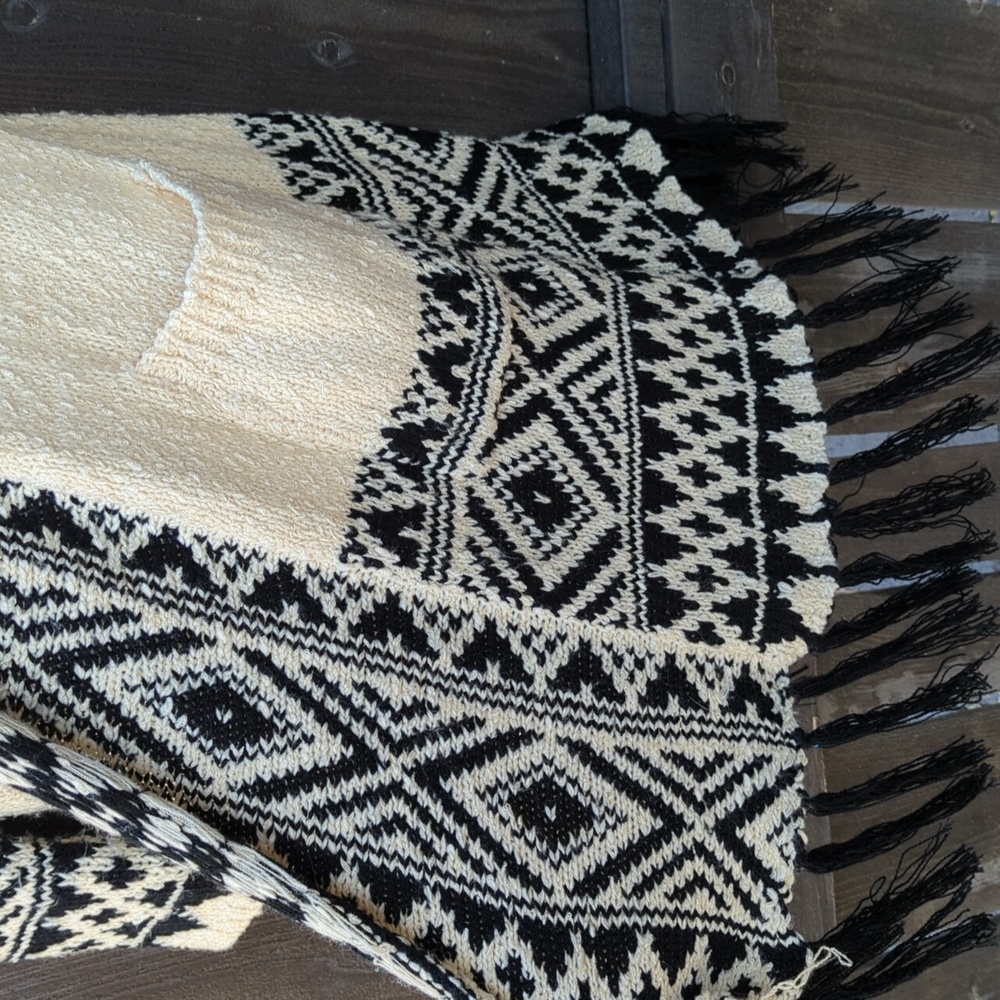 Aztec Pattern Knit Open-Front Fringe Cardigan, Size L - Picture 10 of 15